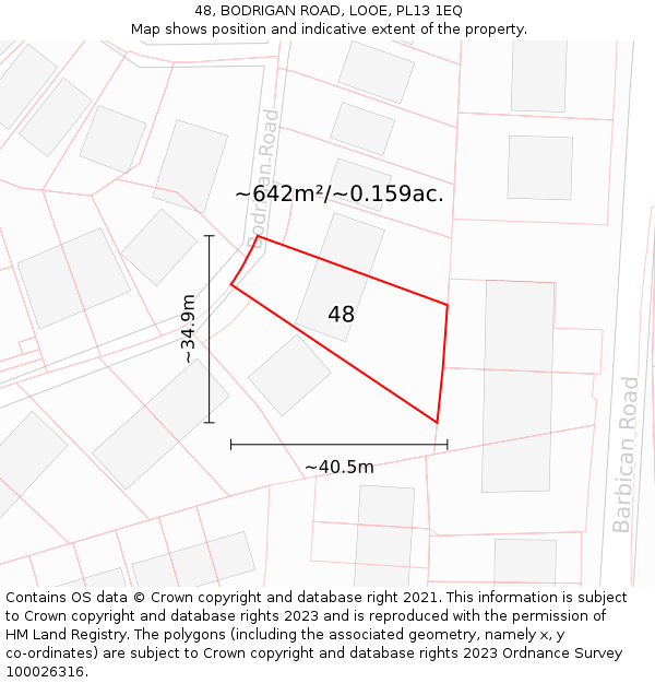 48, BODRIGAN ROAD, LOOE, PL13 1EQ: Plot and title map