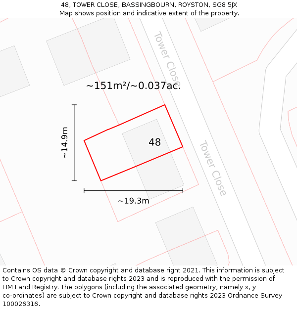 48, TOWER CLOSE, BASSINGBOURN, ROYSTON, SG8 5JX: Plot and title map