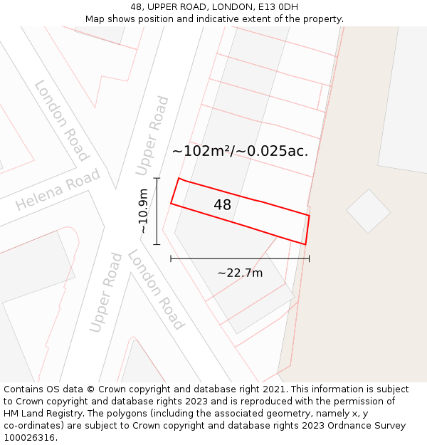 48, UPPER ROAD, LONDON, E13 0DH: Plot and title map