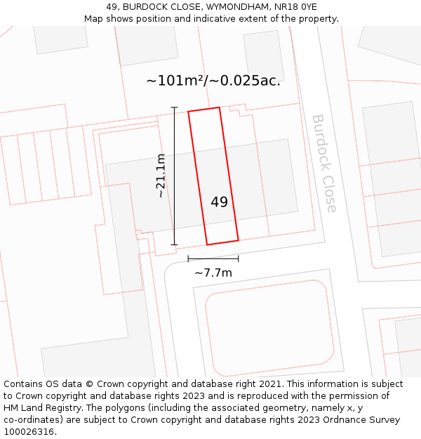 49, BURDOCK CLOSE, WYMONDHAM, NR18 0YE: Plot and title map
