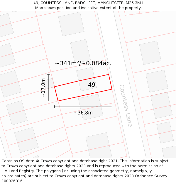 49, COUNTESS LANE, RADCLIFFE, MANCHESTER, M26 3NH: Plot and title map