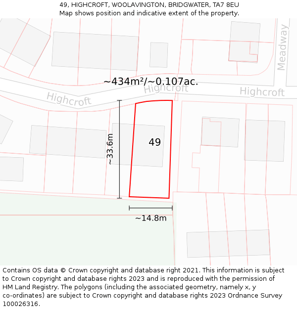 49, HIGHCROFT, WOOLAVINGTON, BRIDGWATER, TA7 8EU: Plot and title map