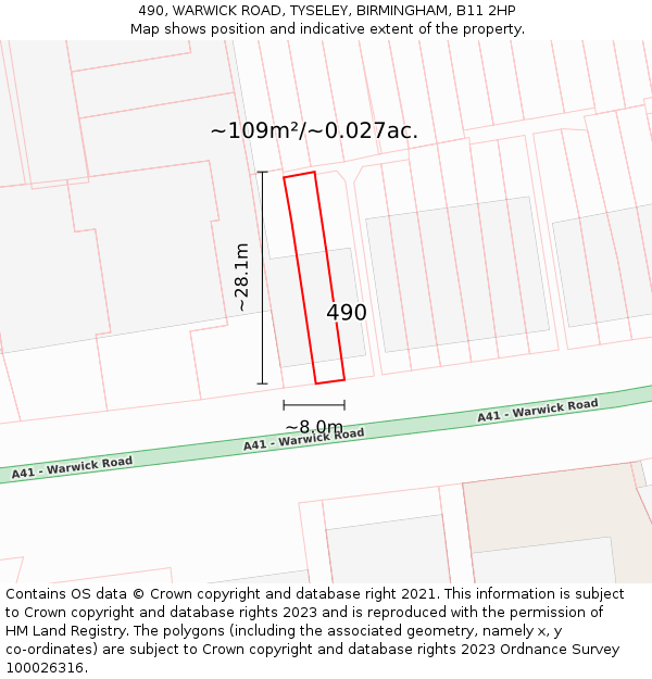 490, WARWICK ROAD, TYSELEY, BIRMINGHAM, B11 2HP: Plot and title map