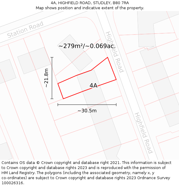 4A, HIGHFIELD ROAD, STUDLEY, B80 7RA: Plot and title map