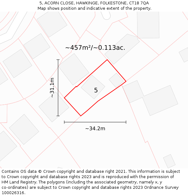 5, ACORN CLOSE, HAWKINGE, FOLKESTONE, CT18 7QA: Plot and title map