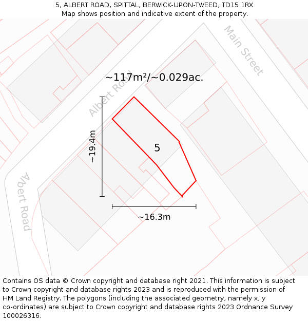 5, ALBERT ROAD, SPITTAL, BERWICK-UPON-TWEED, TD15 1RX: Plot and title map