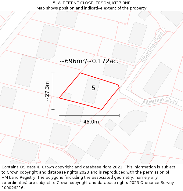 5, ALBERTINE CLOSE, EPSOM, KT17 3NR: Plot and title map