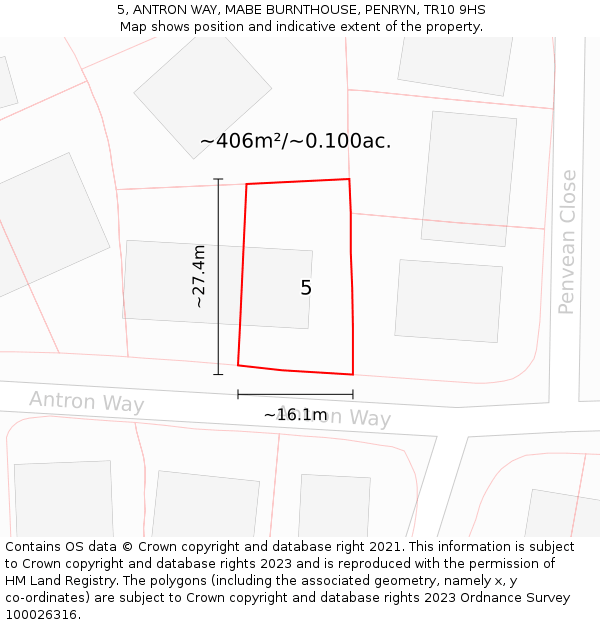 5, ANTRON WAY, MABE BURNTHOUSE, PENRYN, TR10 9HS: Plot and title map