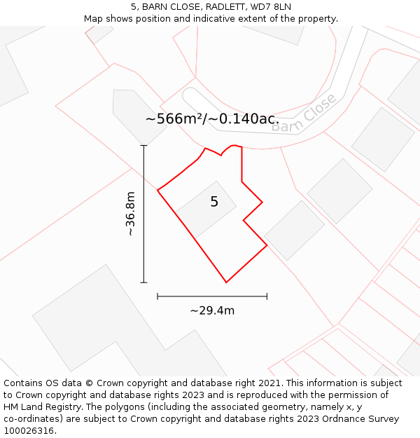 5, BARN CLOSE, RADLETT, WD7 8LN: Plot and title map