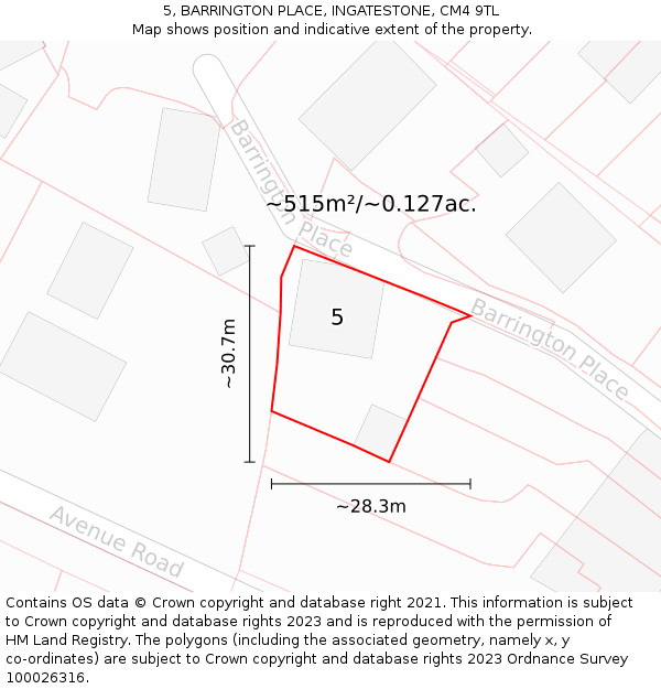 5, BARRINGTON PLACE, INGATESTONE, CM4 9TL: Plot and title map