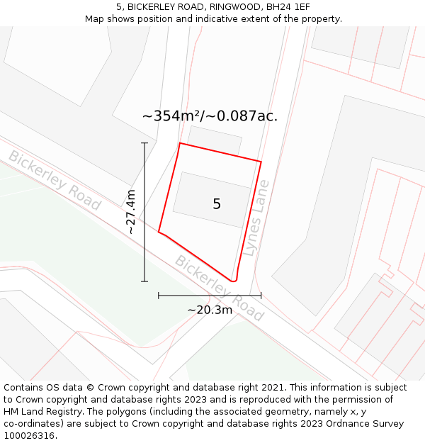 5, BICKERLEY ROAD, RINGWOOD, BH24 1EF: Plot and title map