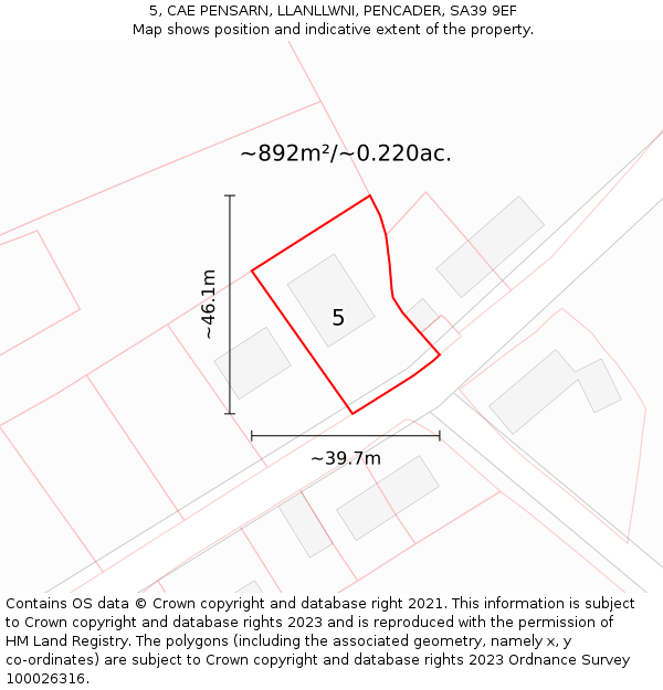 5, CAE PENSARN, LLANLLWNI, PENCADER, SA39 9EF: Plot and title map