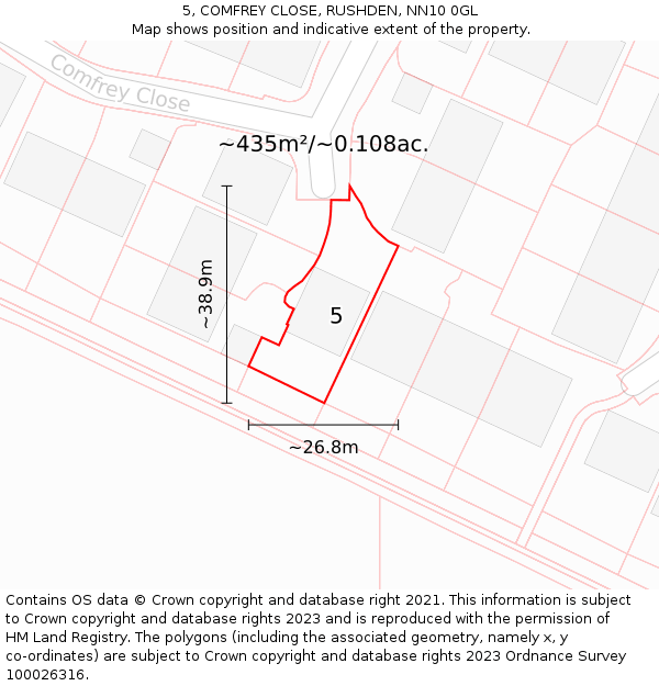 5, COMFREY CLOSE, RUSHDEN, NN10 0GL: Plot and title map