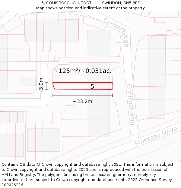 5, CONISBOROUGH, TOOTHILL, SWINDON, SN5 8ES: Plot and title map
