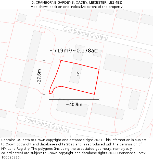 5, CRANBORNE GARDENS, OADBY, LEICESTER, LE2 4EZ: Plot and title map