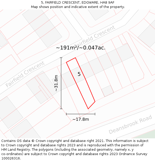 5, FAIRFIELD CRESCENT, EDGWARE, HA8 9AF: Plot and title map