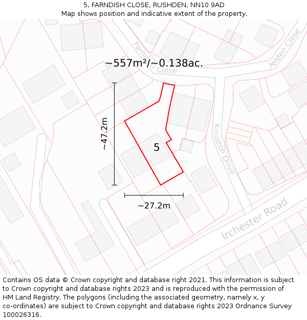 5, FARNDISH CLOSE, RUSHDEN, NN10 9AD: Plot and title map