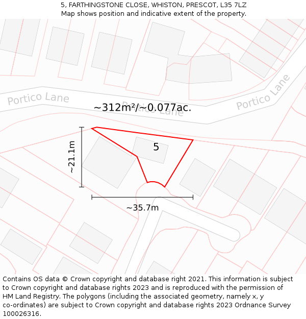 5, FARTHINGSTONE CLOSE, WHISTON, PRESCOT, L35 7LZ: Plot and title map