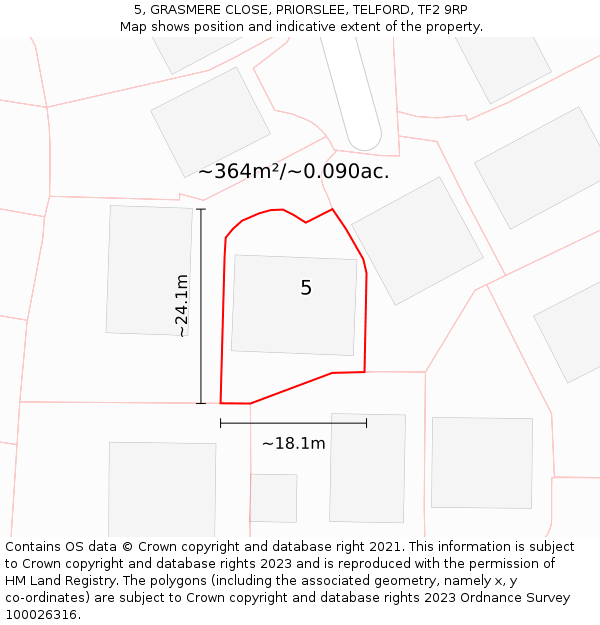 5, GRASMERE CLOSE, PRIORSLEE, TELFORD, TF2 9RP: Plot and title map