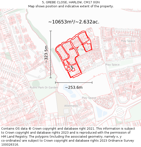 5, GREBE CLOSE, HARLOW, CM17 0GN: Plot and title map