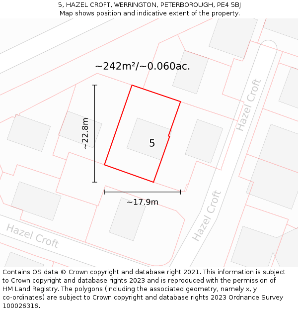 5, HAZEL CROFT, WERRINGTON, PETERBOROUGH, PE4 5BJ: Plot and title map