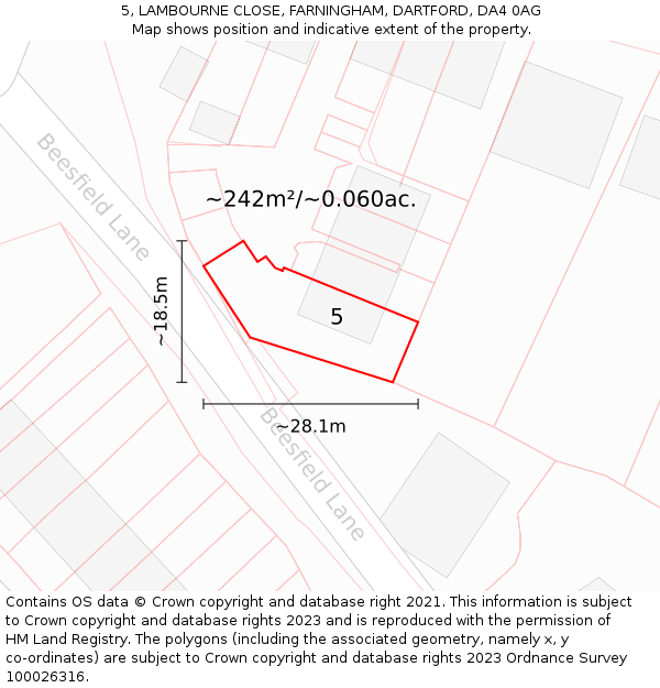 5, LAMBOURNE CLOSE, FARNINGHAM, DARTFORD, DA4 0AG: Plot and title map