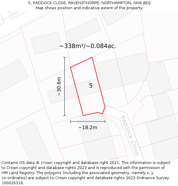 5, PADDOCK CLOSE, RAVENSTHORPE, NORTHAMPTON, NN6 8EQ: Plot and title map