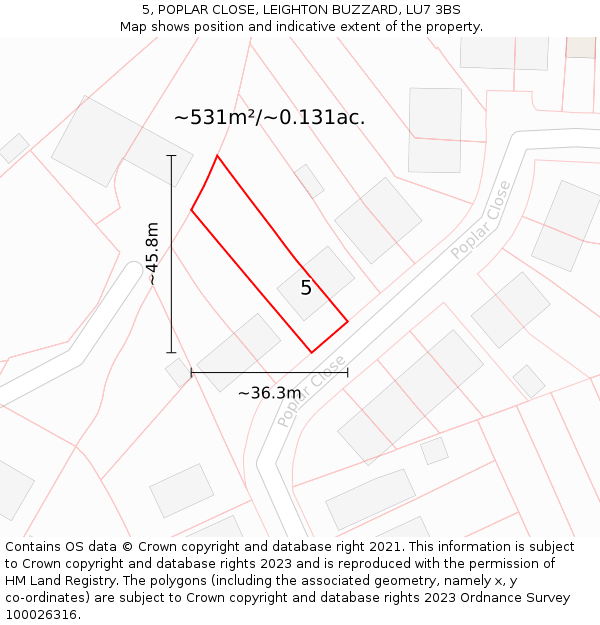 5, POPLAR CLOSE, LEIGHTON BUZZARD, LU7 3BS: Plot and title map