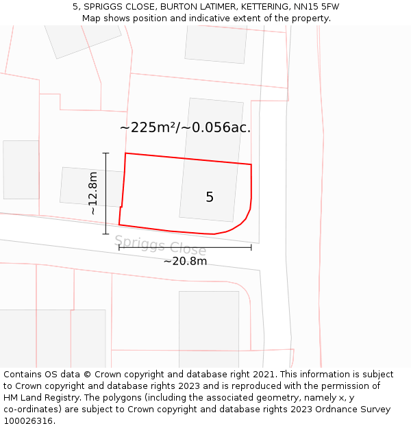 5, SPRIGGS CLOSE, BURTON LATIMER, KETTERING, NN15 5FW: Plot and title map