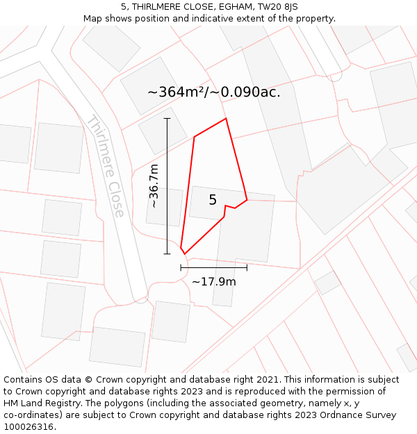 5, THIRLMERE CLOSE, EGHAM, TW20 8JS: Plot and title map