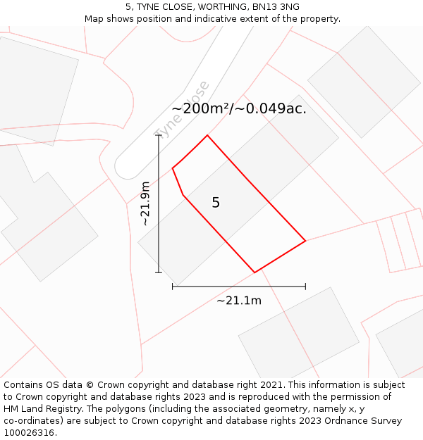 5, TYNE CLOSE, WORTHING, BN13 3NG: Plot and title map