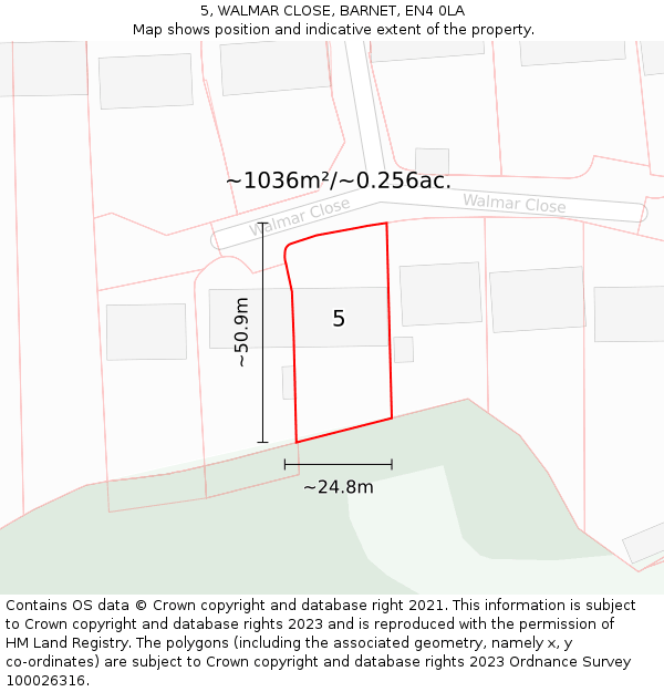 5, WALMAR CLOSE, BARNET, EN4 0LA: Plot and title map