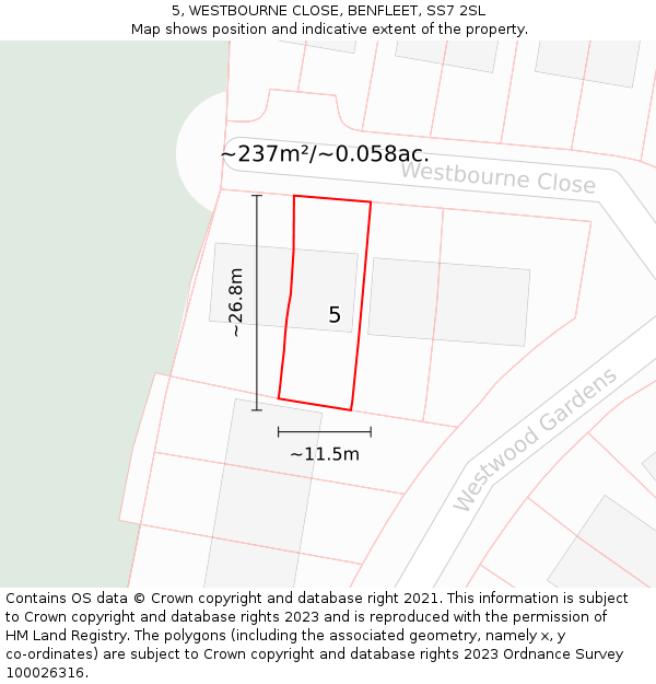 5, WESTBOURNE CLOSE, BENFLEET, SS7 2SL: Plot and title map