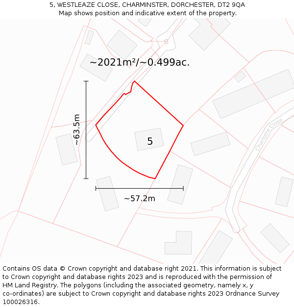 5, WESTLEAZE CLOSE, CHARMINSTER, DORCHESTER, DT2 9QA: Plot and title map