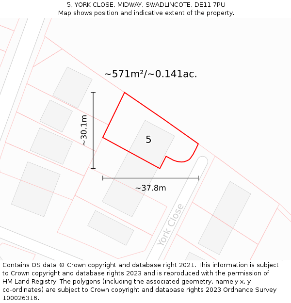 5, YORK CLOSE, MIDWAY, SWADLINCOTE, DE11 7PU: Plot and title map