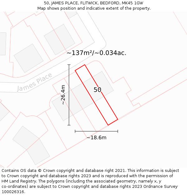 50, JAMES PLACE, FLITWICK, BEDFORD, MK45 1GW: Plot and title map