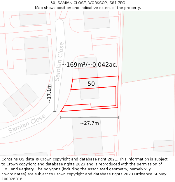 50, SAMIAN CLOSE, WORKSOP, S81 7FG: Plot and title map