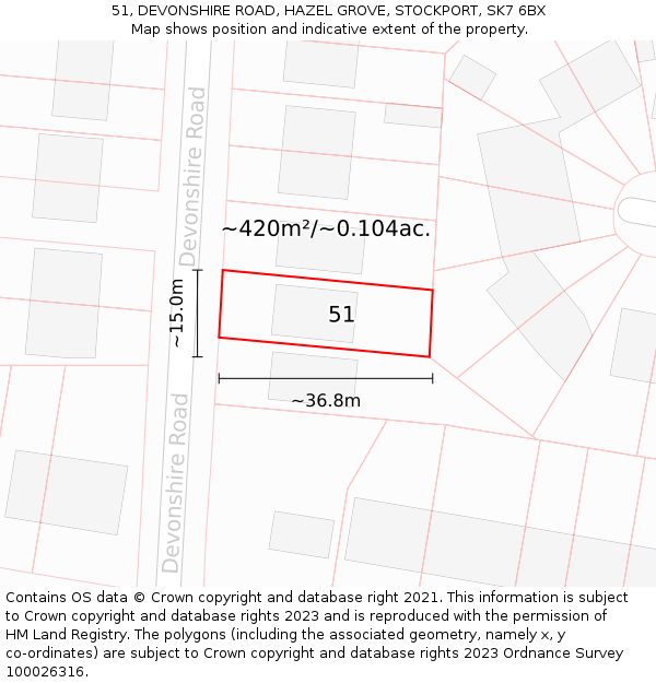 51, DEVONSHIRE ROAD, HAZEL GROVE, STOCKPORT, SK7 6BX: Plot and title map