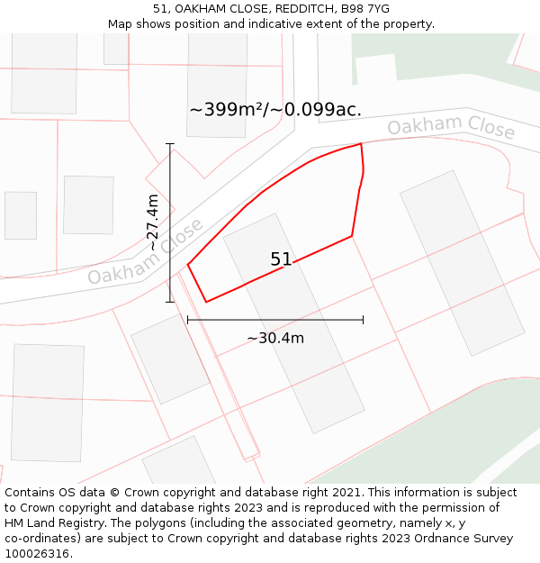 51, OAKHAM CLOSE, REDDITCH, B98 7YG: Plot and title map