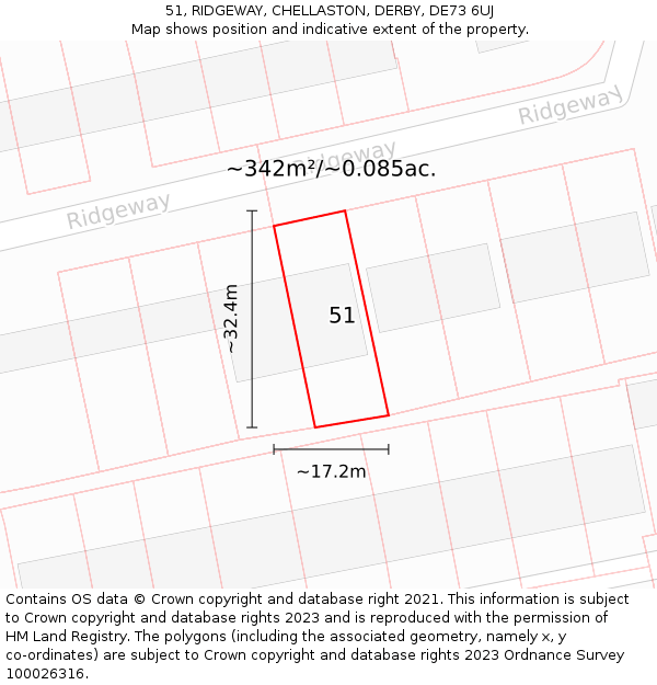51, RIDGEWAY, CHELLASTON, DERBY, DE73 6UJ: Plot and title map