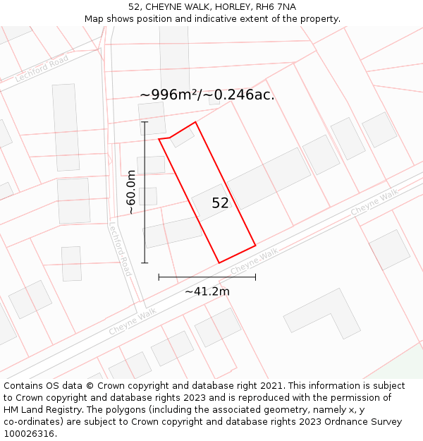 52, CHEYNE WALK, HORLEY, RH6 7NA: Plot and title map