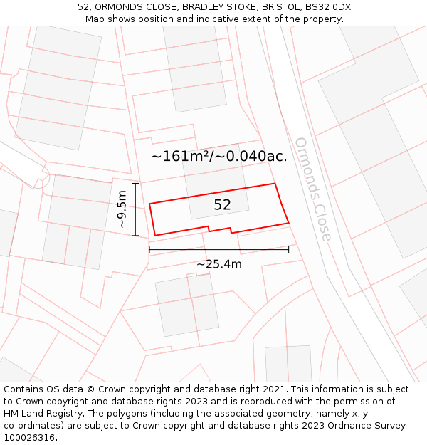 52, ORMONDS CLOSE, BRADLEY STOKE, BRISTOL, BS32 0DX: Plot and title map