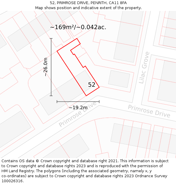 52, PRIMROSE DRIVE, PENRITH, CA11 8FA: Plot and title map