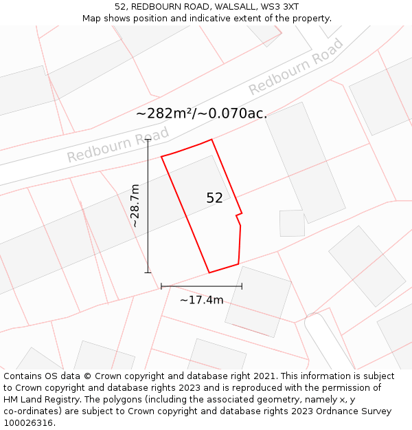 52, REDBOURN ROAD, WALSALL, WS3 3XT: Plot and title map