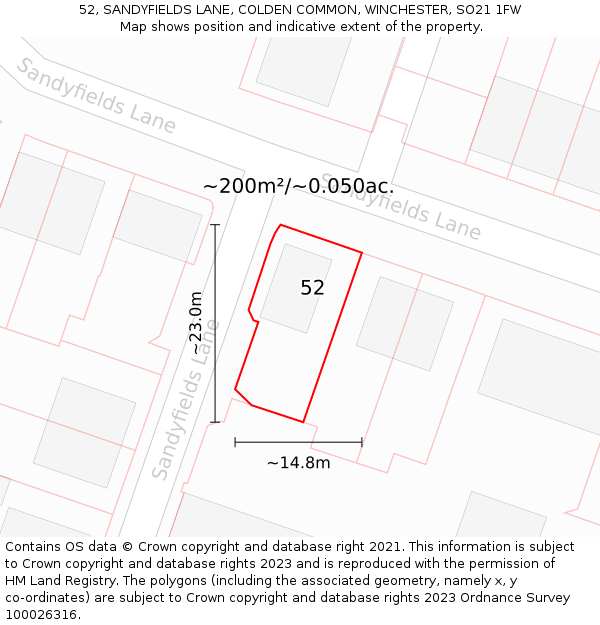 52, SANDYFIELDS LANE, COLDEN COMMON, WINCHESTER, SO21 1FW: Plot and title map