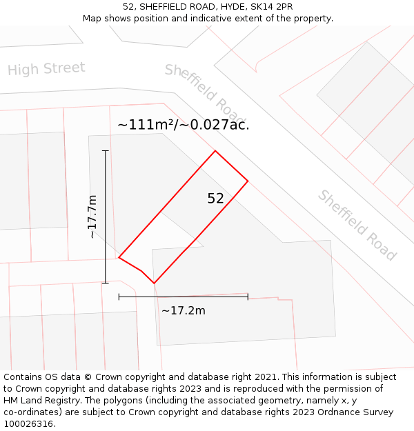 52, SHEFFIELD ROAD, HYDE, SK14 2PR: Plot and title map