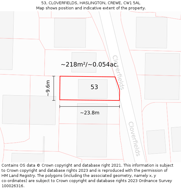 53, CLOVERFIELDS, HASLINGTON, CREWE, CW1 5AL: Plot and title map