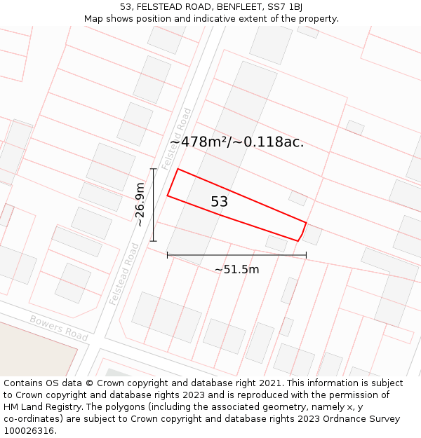 53, FELSTEAD ROAD, BENFLEET, SS7 1BJ: Plot and title map