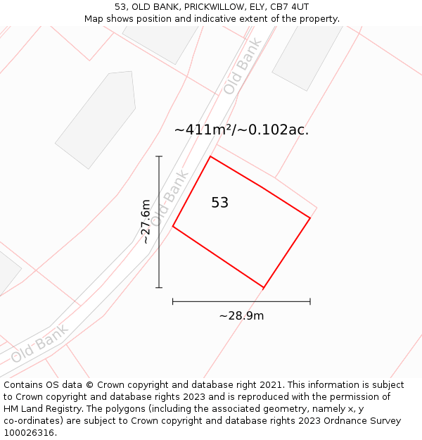 53, OLD BANK, PRICKWILLOW, ELY, CB7 4UT: Plot and title map