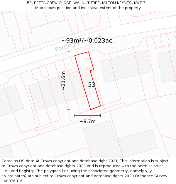 53, PETTINGREW CLOSE, WALNUT TREE, MILTON KEYNES, MK7 7LL: Plot and title map